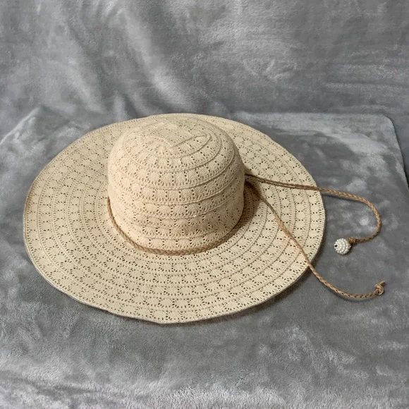 Somas Accessories Greece Beige Crochet Wide Brim Sun Hat Pearl Charm Sz 57 Lace - Picture 9 of 16